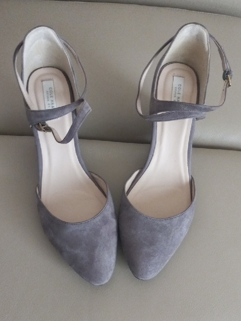 Cole Haan Gray Suede Architectural Wedge Heels with Buckled Ankle Strap Size 7.5 - Picture 9 of 16